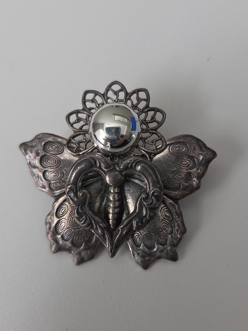 Butterfly Floral Silver-Tone Brooch - Vintage